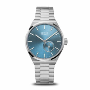 Sportlich elegante Uhr "Automatic" in gebürsteter Silberfarbe mit blauem Zifferblatt
