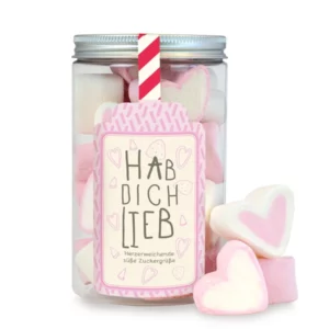 Hübsche Naschdose "Hab dich lieb" mit rosaweißen Marshmellowherzen