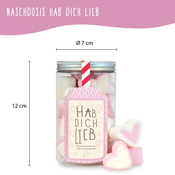 Hübsche Naschdose "Hab dich lieb" mit rosaweißen Marshmellowherzen