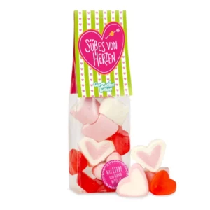 Amouröser Naschbeutel "Süßes von Herzen" mit Fruchtgummi- und Schaumzuckerherzen
