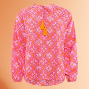 Hübsche Bluse "Malina" mit feinen Ornamenten in Pink-Weiß-Orange von Zwillingsherz