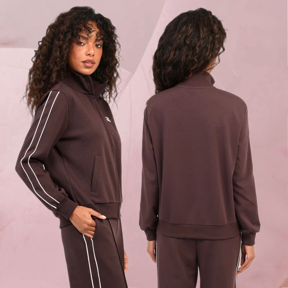 Cool-lässiger Jogginganzug "Pantalon Patrivia" im warmen Coffee-Ton mit weißen Seitenstreifen von An'ge