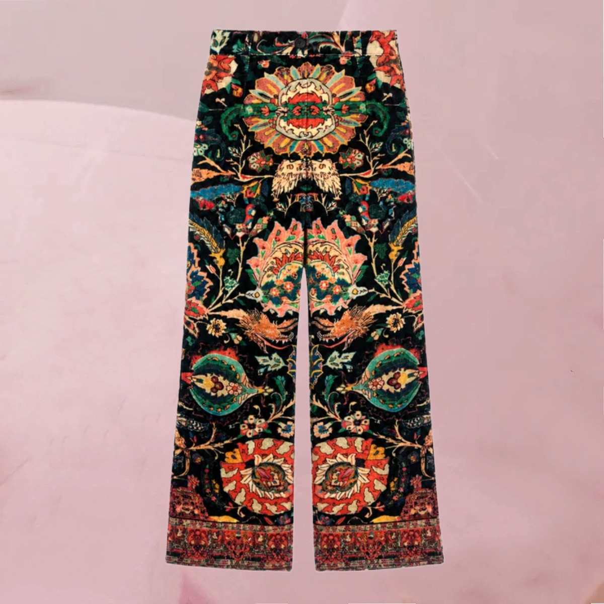 Lassig-coole Hose "Rossyla" mit farbenfrohem Muster auf Schwarz von An'ge