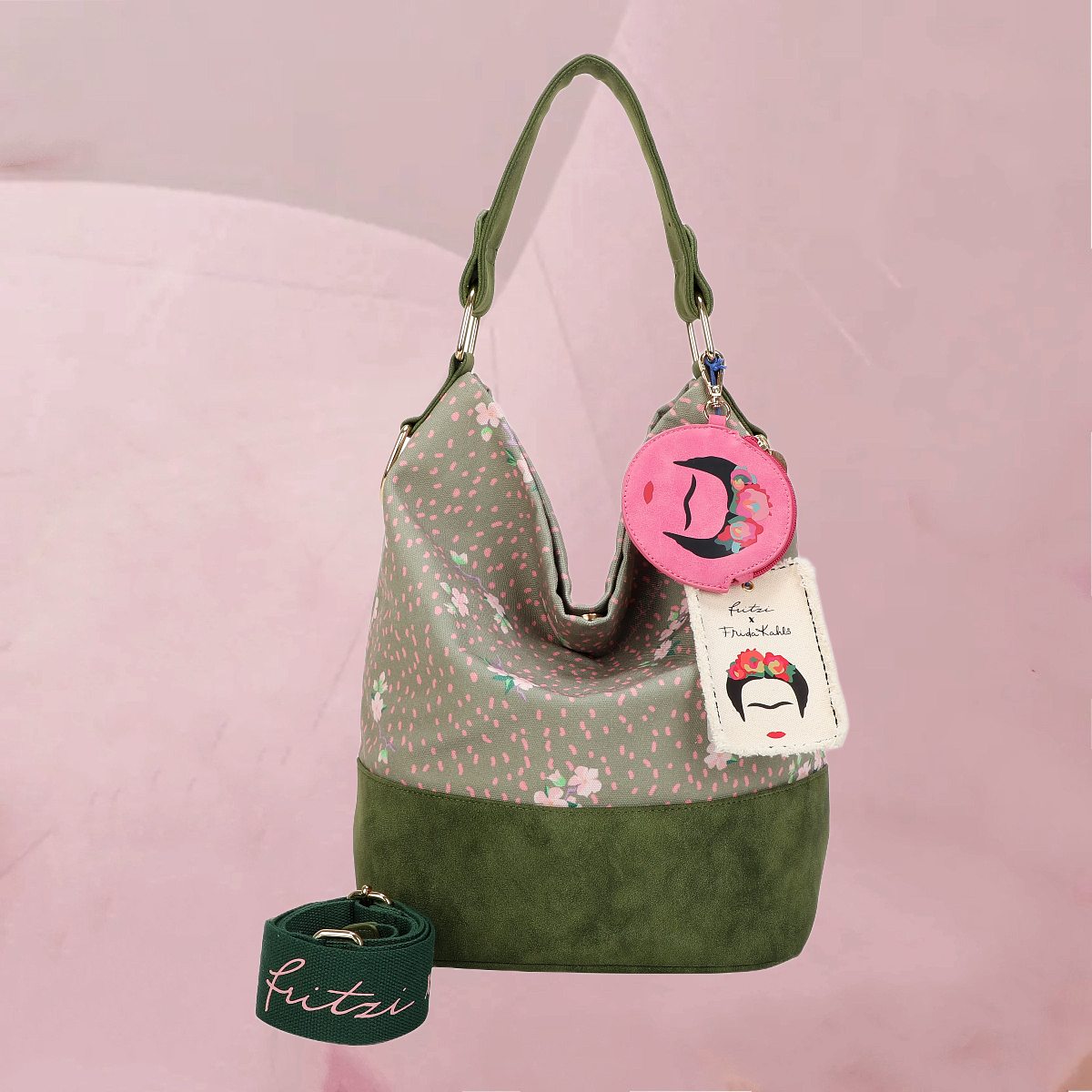 Coole Tasche "Fritzi x Frida Kahlo" mit Blüten-Illustrationen auf Grün von fritzi
