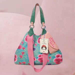 Flotter Shopper "Fritzi x Frida Kahlo Izzy Medium Flower" mit pinkfarbenen Blumen auf Grün von fritzi