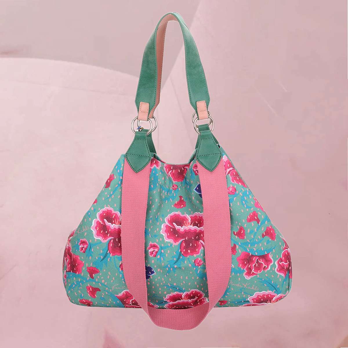 Flotter Shopper "Fritzi x Frida Kahlo Izzy Medium Flower" mit pinkfarbenen Blumen auf Grün von fritzi
