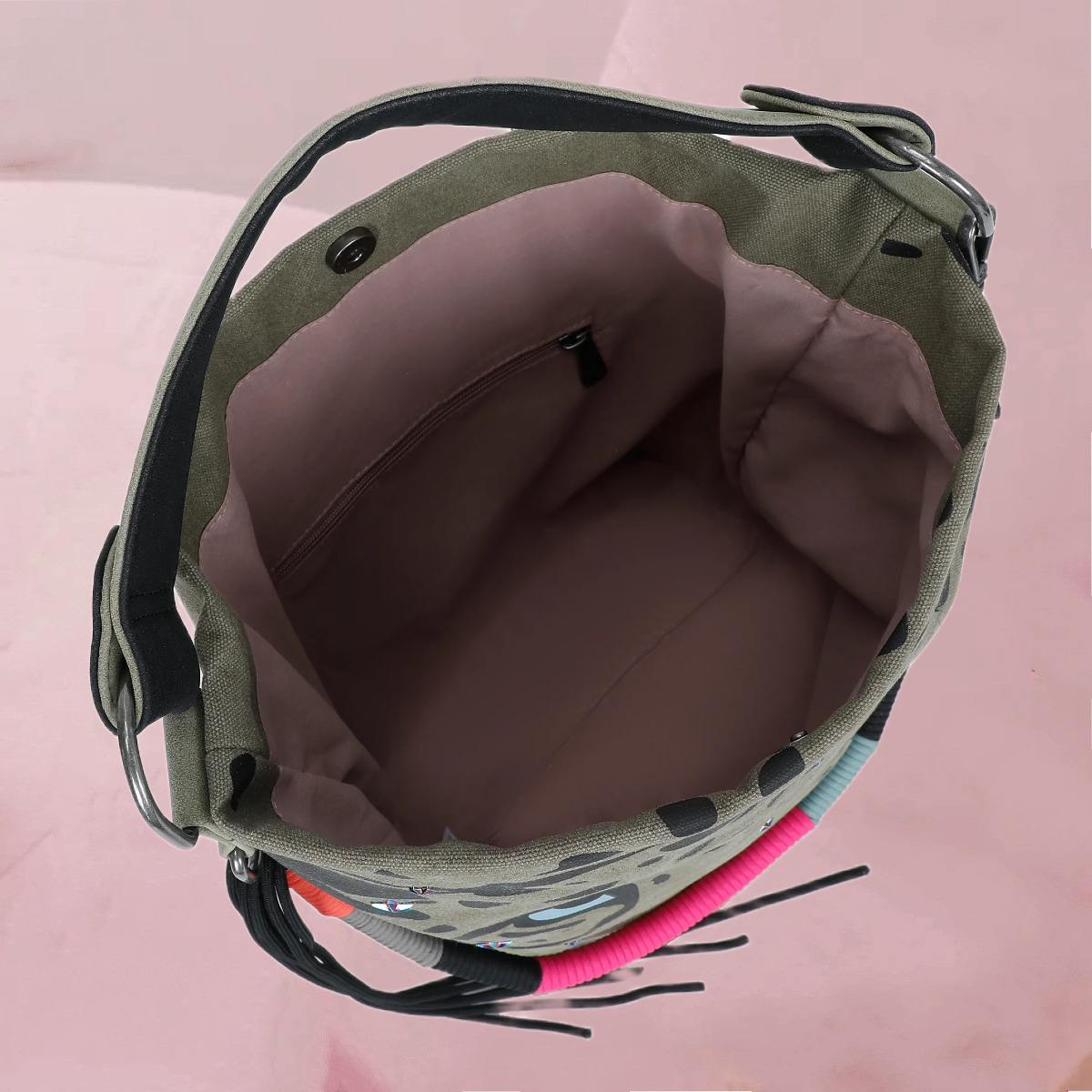 Cool-originelle Rucksack-Tasche "Izzy07 Olga Limited Panther Spotty" im Hobo-Style auf Olivegrün von fritzi
