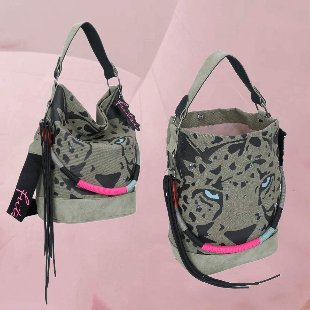 Cool-originelle Rucksack-Tasche "Izzy07 Olga Limited Panther Spotty" im Hobo-Style auf Olivegrün von fritzi