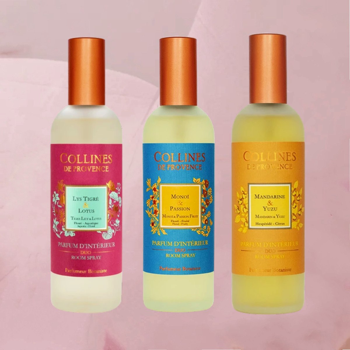 Exklusive Raumsprays mit originellen, kostbaren Duftkreationen im 100ml-Sprühfläschchen von Collines de Provence