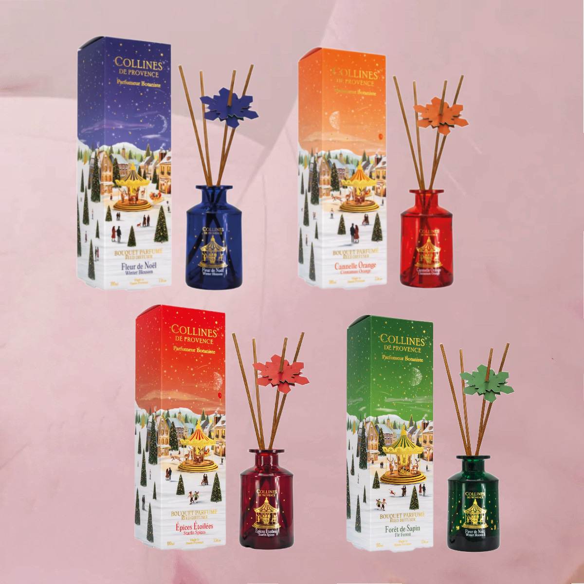 Winterliche Raumduftdiffusoren mit einzigartigen, weihnachtlichen Duftkreationen im 100ml-Glas inkl. Duftstäbchen von Collines de Provence
