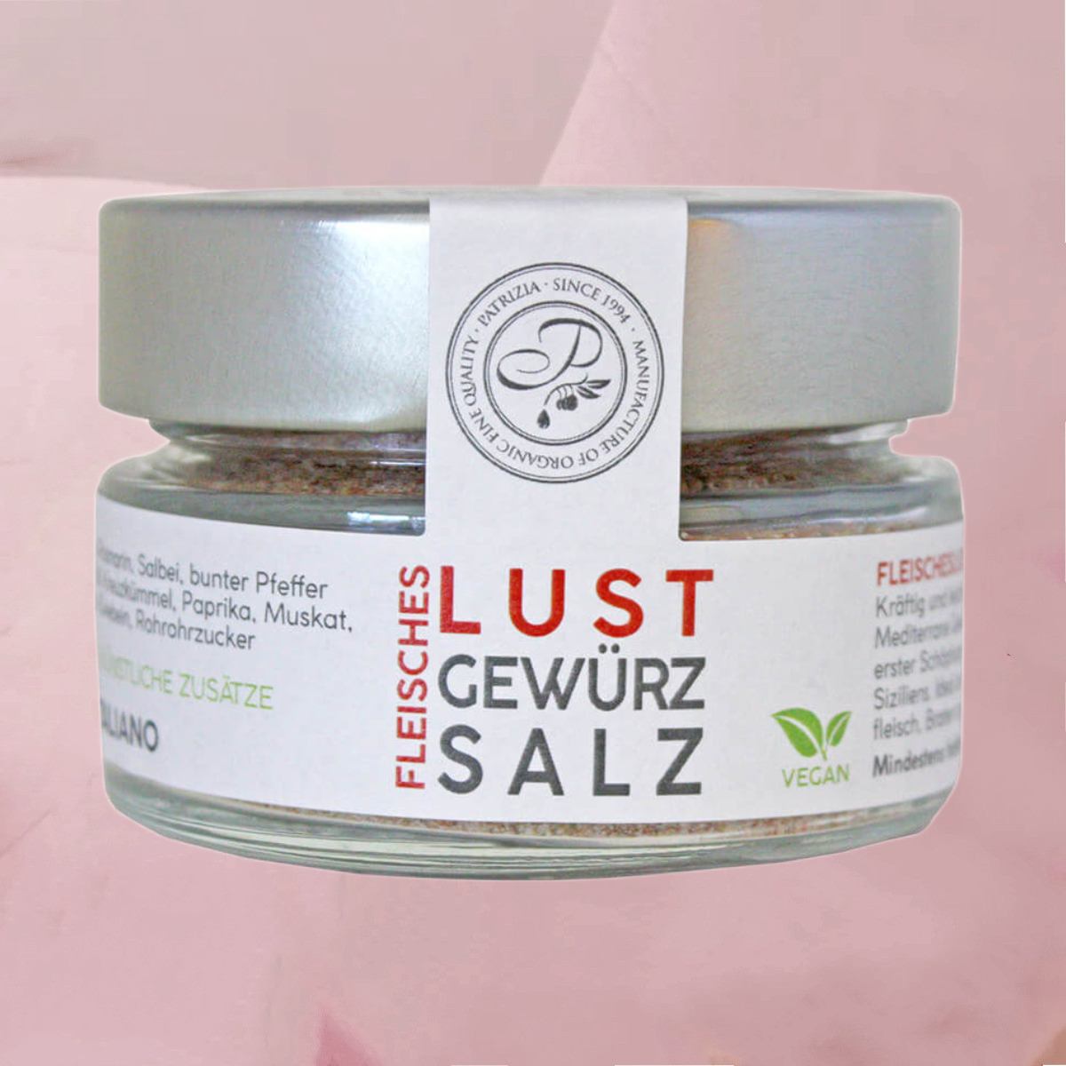 Köstlich pikantes Gewürzsalz "Fleischeslust" im 75g-Glas von Patrizia Feinkostmanufaktur