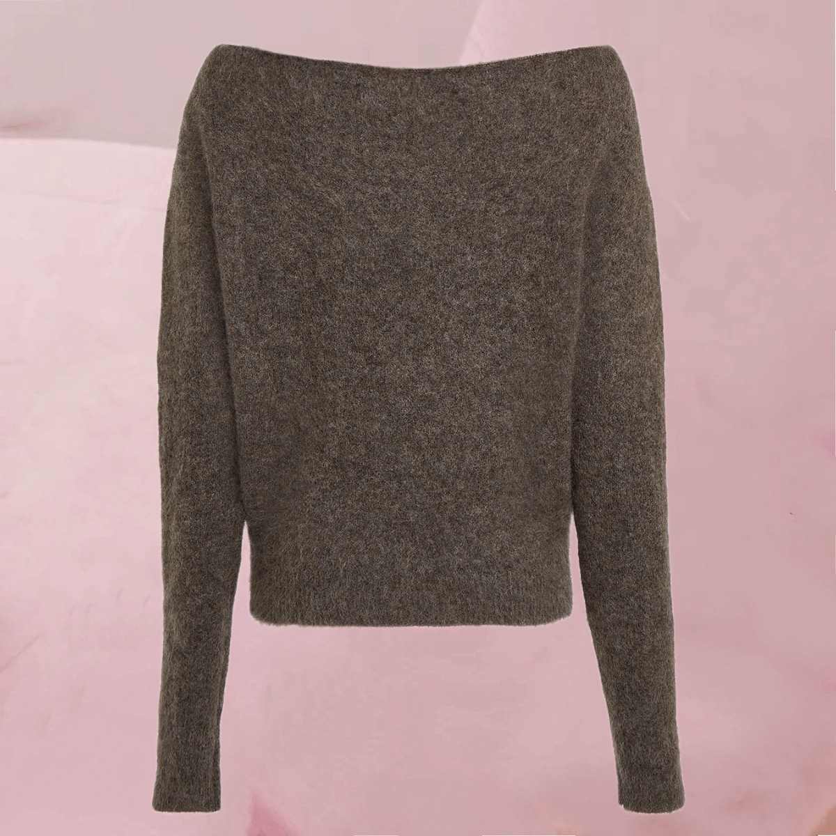 Flotter Strickpullover "River Knit Raw Umber" mit weitem Ausschnitt in meliertem Braun