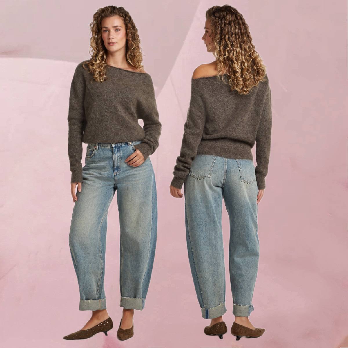 Flotter Strickpullover "River Knit Raw Umber" mit weitem Ausschnitt in meliertem Braun